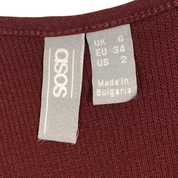 V-Neck Ribbed Bodysuit w/ Thin Straps and Snap Crotch Burgundy/Maroon - Picture 5 of 6